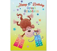 doodlecards Great Grandson 6th Birthday Card Age 6 Monkey Medium Size with Plain Envelope