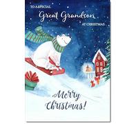 doodlecards Great Grandson Christmas Card Bear on Sled Large A4 Size Christmas Card for Great Grandson with Plain Envelope