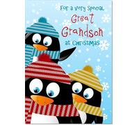 doodlecards Great Grandson Christmas Card Three Penquins Medium Size Christmas Card for Great Grandson with Plain Envelope
