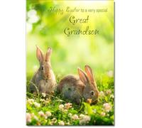 doodlecards Great Grandson Easter Card Two Bunnies on Grass Medium Size with Plain Envelope
