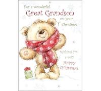 doodlecards Great Grandsons 1st First Christmas Card Teddy Bear With Red Scarf Large A4 Size Christmas Card for Great Grandsons 1st with Plain Envelope