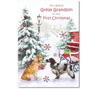 doodlecards Great Grandsons 1st First Christmas Card Two Dogs in Snow Medium Size Christmas Card for Great Grandsons 1st with Plain Envelope