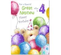 doodlecards Great Nephew 4th Birthday Card Age 4 Cute Teddy Bear in Balloons
