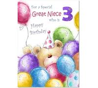 doodlecards Great Niece 3rd Birthday Card Age 3 Cute Teddy Bear in Balloons | Medium Size. Includes Plain Envelope for Sending. Printed in the UK on Thick Italian Board. Eco Friendly 100% Recyclable.