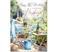 doodlecards Husband 80th Birthday Card Age 80 Relax in the Garden