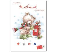 doodlecards Husband Christmas Card Cute Bear at Post Box Medium Size Christmas Card for Husband with Plain Envelope