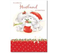 doodlecards Husband Christmas Card Cute Bears with Stocking Large A4 Size Christmas Card for Husband with Plain Envelope