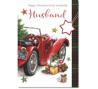doodlecards Husband Christmas Card Red Vintage Car Large A4 Size Christmas Card for Husband with Plain Envelope