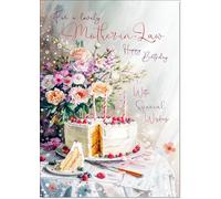 doodlecards Mother-in-Law Birthday Card Birthday Cake and Flowers Medium Size with Plain Envelope