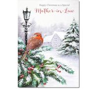 doodlecards Mother in Law Christmas Card Robin by Lamp Medium Size with Plain Red Envelope, 21 x 15cm