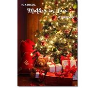 doodlecards Mother in Law Christmas Card Teddy by Christmas Tree Medium Size Christmas Card for Mother in Law with Plain Envelope