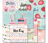 Doodlecards Multipack Female Pastel Happy Birthday Cards with envelopes. 100% Recyclable. Pack 10x Mixed Cakes, Strawberry's, Presents, Cocktails Cards. Made in The UK.