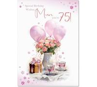 doodlecards Mum 75th Birthday Card Age 75 Tea Party and Balloons