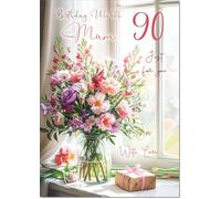 doodlecards Mum 90th Birthday Card Age 90 Flower Bouquet and Present
