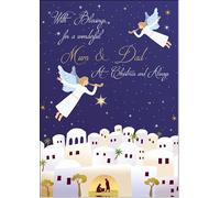 doodlecards Mum and Dad Christmas Card Nativity Scene Angels Bethlehem Medium Size Christmas Card for Mum & Dad with Plain Envelope