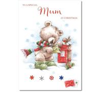 doodlecards Mum Christmas Card Cute Bear at Post Box Medium Size Christmas Card for Mum with Plain Envelope