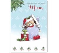 doodlecards Mum Christmas Card Cute Bear Parcel Medium Size Christmas Card for Mum with Plain Envelope