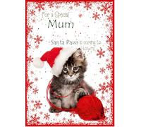 doodlecards Mum Christmas Card Cute Santa Paws Kitten Cat Pet Medium Size Christmas Card for Mum with Plain Envelope