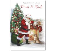 doodlecards Mum & Dad Christmas Card Santa by Christmas Tree Medium Size with Plain Red Envelope, 21 x 15cm