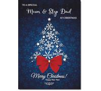 doodlecards Mum & Step Dad Christmas Card Blue Abstract Christmas Tree Medium Size with Plain Red Envelope, 21 x 15cm