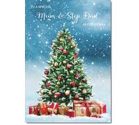 doodlecards Mum & Step Dad Christmas Card Christmas Tree & Parcels Medium Size with Plain Envelope