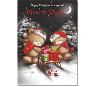 doodlecards Mum & Step Dad Christmas Card Cute Bears at Night Medium Size with Plain Envelope