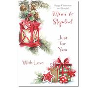 doodlecards Mum & Step Dad Christmas Card Lamp and Parcels Medium Size with Plain Red Envelope