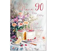 doodlecards Nana 90th Birthday Card Age 90 Birthday Cake and Flowers