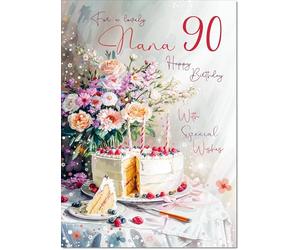 doodlecards Nana 90th Birthday Card Age 90 Birthday Cake and Flowers