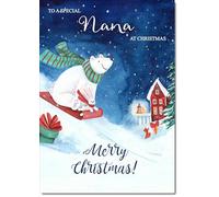 doodlecards Nana Christmas Card Bear on Sled Medium Size Christmas Card for Nana with Plain Envelope