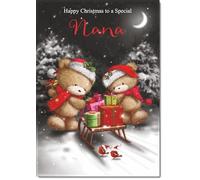 doodlecards Nana Christmas Card Cute Bears at Night Medium Size Christmas Card for Nana with Plain Envelope