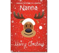 doodlecards Nanna Christmas Card Rudolph on Red Background Medium Size Christmas Card for Nanna with Plain Envelope