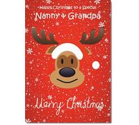 doodlecards Nanny and Grandpa Christmas Card Rudolph on Red Background Medium Size Christmas Card for Nanny & Grandpa with Plain Envelope