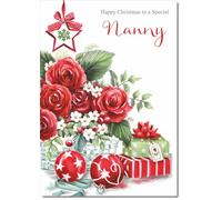 doodlecards Nanny Christmas Card Red Flowers Medium Size Christmas Card for Nanny with Plain Envelope