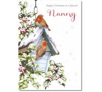doodlecards Nanny Christmas Card Two Robins in Snow Medium Size with Plain Red Envelope, 21 x 15cm