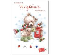 doodlecards Neighbour Christmas Card Cute Bear at Post Box Medium Size Christmas Card for Neighbour with Plain Envelope