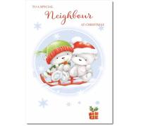 doodlecards Neighbour Christmas Card Cute Bears on Sled Medium Size Christmas Card for Neighbour with Plain Envelope