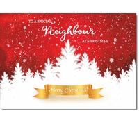 doodlecards Neighbour Christmas Card White Forest with Red Sky Medium Size Christmas Card for Neighbour with Plain Envelope