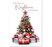 doodlecards Neighbours Christmas Card Christmas Tree and Parcels Medium Size Christmas Card for Neighbours with Plain Envelope