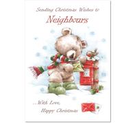 doodlecards Neighbours Christmas Card Cute Bear at Post Box Medium Size Christmas Card for Neighbours with Plain Envelope