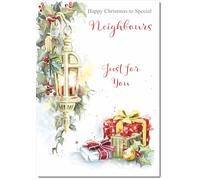 doodlecards Neighbours Christmas Card Lamp and Parcels Medium Size Christmas Card for Neighbours with Plain Envelope