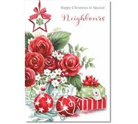 doodlecards Neighbours Christmas Card Red Flowers Medium Size Christmas Card for Neighbours with Plain Envelope