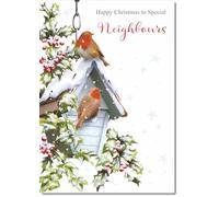 doodlecards Neighbours Christmas Card Two Robins in Snow Medium Size Christmas Card for Neighbours with Plain Envelope