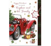 doodlecards Nephew and Family Christmas Card Red Vintage Car | Medium Size. Includes Plain Envelope for Sending. Printed in the UK on Thick Italian Board. Eco Friendly 100% Recyclable.