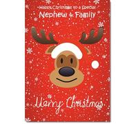 doodlecards Nephew and Family Christmas Card Rudolph on Red Background Medium Size Christmas Card for Nephew & Family with Plain Envelope
