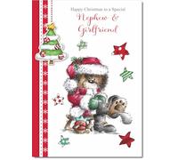 doodlecards Nephew and Girlfriend Christmas Card Cute Bear Medium Size Christmas Card for Nephew & Girlfriend with Plain Envelope