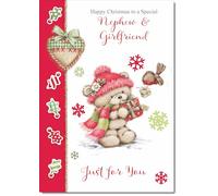 doodlecards Nephew and Girlfriend Christmas Card Cute Bear with Red Hat Medium Size Christmas Card for Nephew & Girlfriend with Plain Envelope