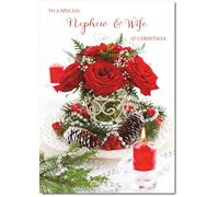 doodlecards Nephew and Wife Christmas Card Red Flower Arrangement Medium Size Christmas Card for Nephew & Wife with Plain Envelope