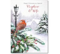 doodlecards Nephew and Wife Christmas Card Robin by Lamp Large A4 Size Christmas Card for Nephew & Wife with Plain Envelope