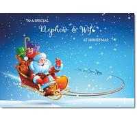 doodlecards Nephew and Wife Christmas Card Santas Sleigh Medium Size Christmas Card for Nephew & Wife with Plain Envelope